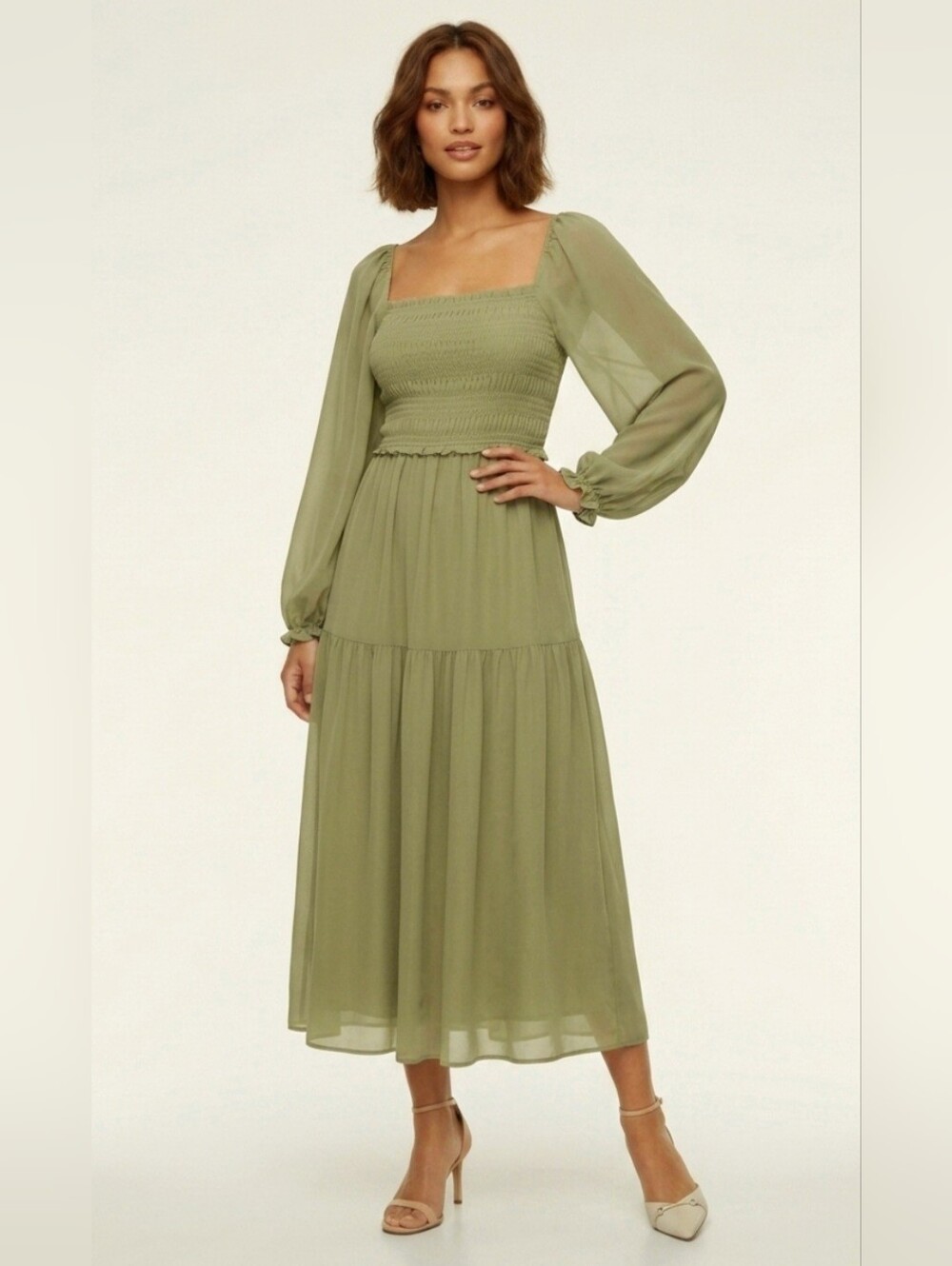 Aritzia Wilfred Nella Smocked Fete Chiffon Tiered Midi Dress Olive Green Medium - Picture 15 of 15
